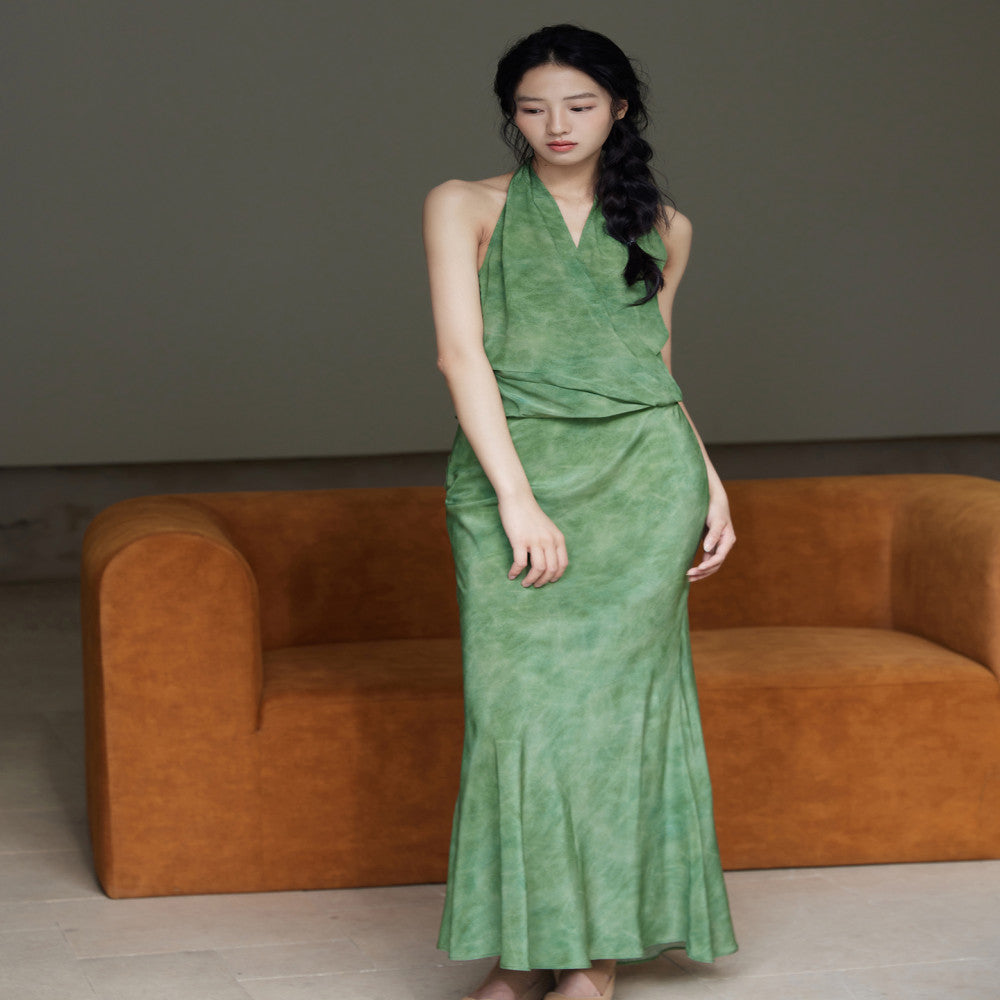 Customized silk double crepe 100 mulberry silk shawl top slanted fish tail half skirt hanging neck top image 31