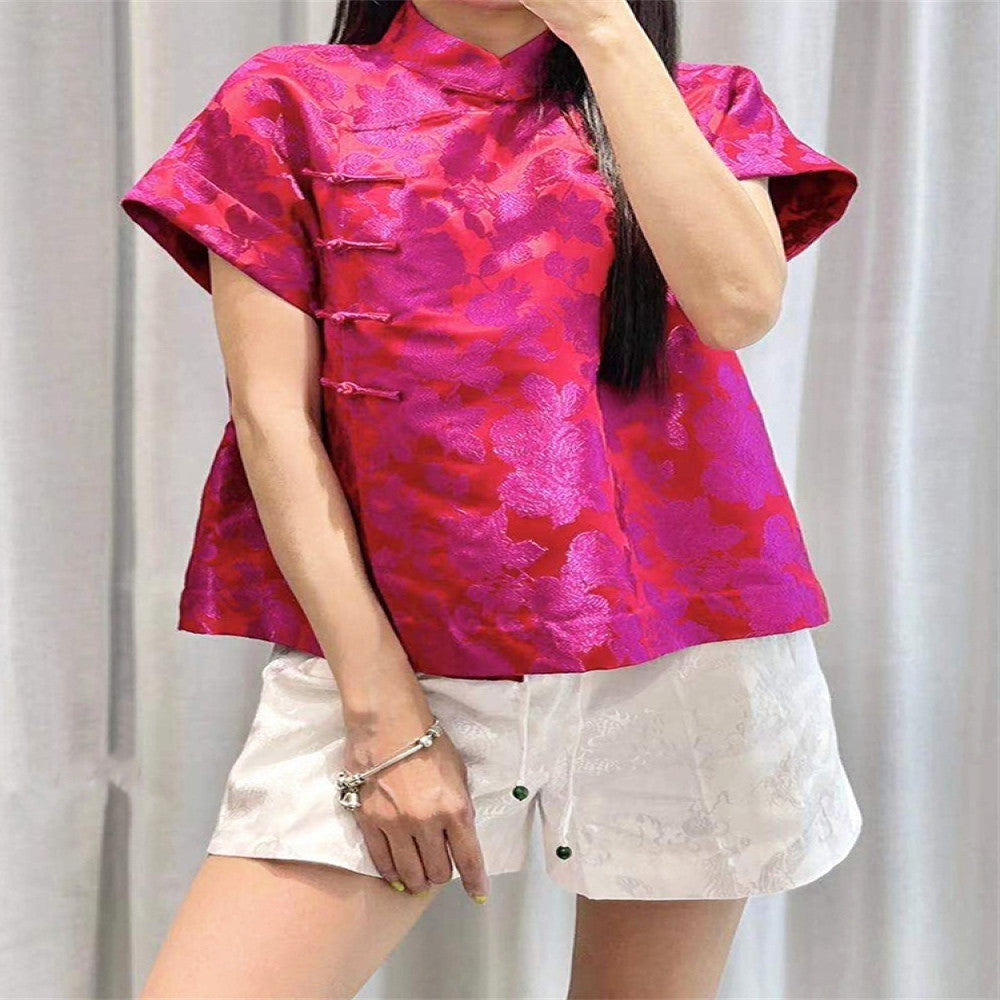 Town store treasure PYJ153 white rose red short sleeved shirt bottoming shirt Chinese style retro small shirt top spring and summer women image 33