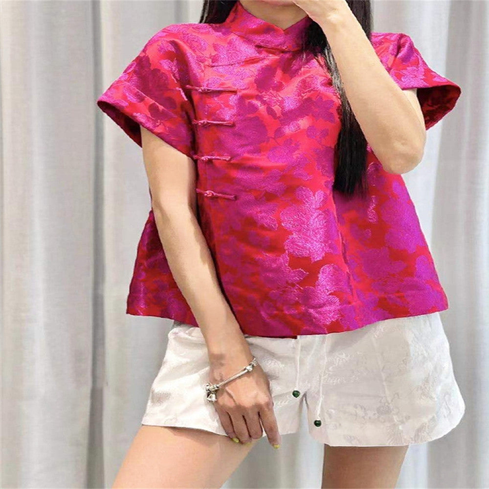 Town store treasure PYJ153 white rose red short sleeved shirt bottoming shirt Chinese style retro small shirt top spring and summer women image 0