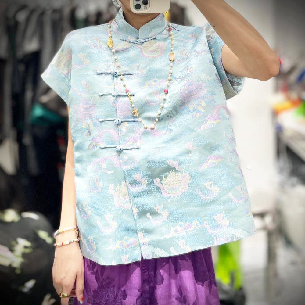 Town store treasure PYJ153 white rose red short sleeved shirt bottoming shirt Chinese style retro small shirt top spring and summer women image 7