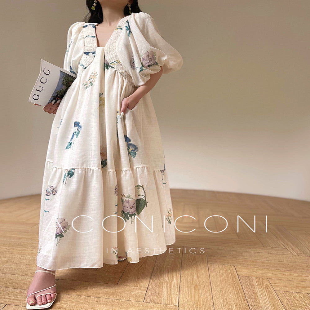 Aconiconi Tingting Qingyao French Retro Printed Holiday Dress Imitation Cotton and Linen Loose and Slimming Long Dress image 7