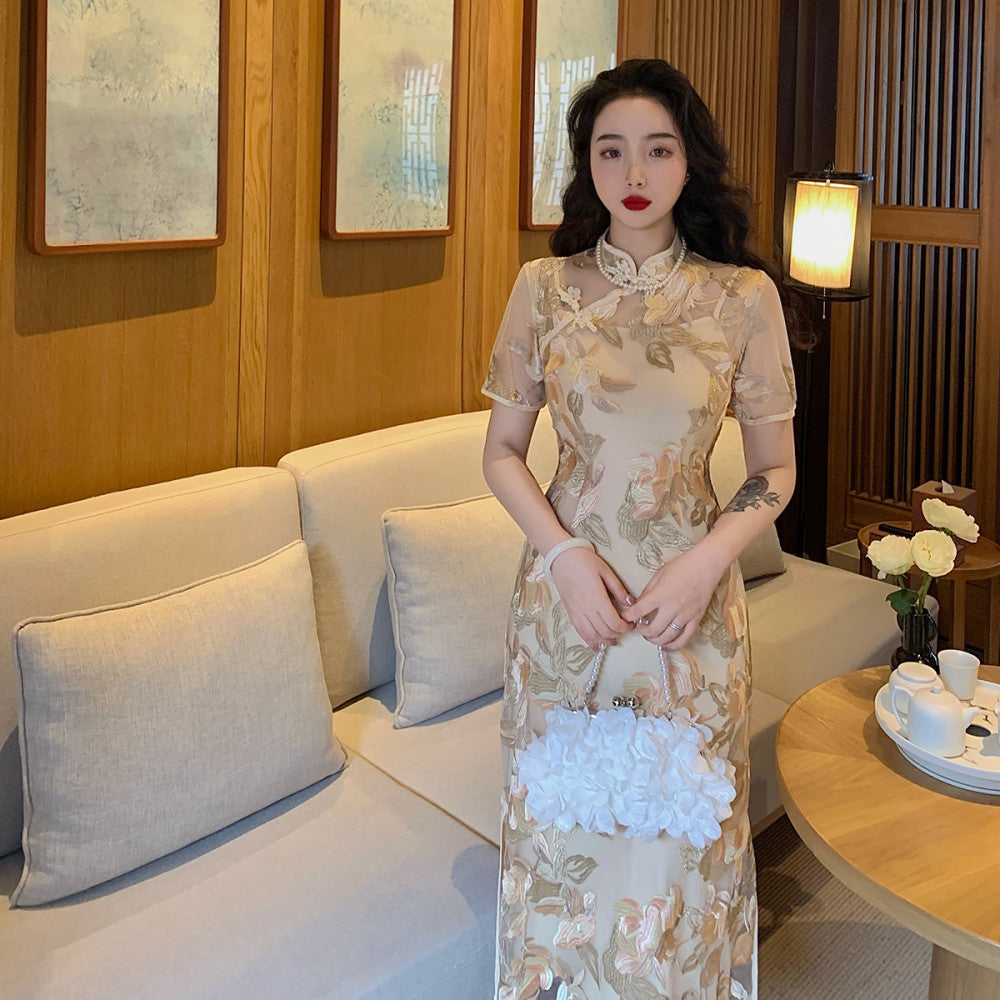 Lujin homemade Golden Branches and Jade Leaves retro style new style old Shanghai girl Republic of China improved version of long cheongsam image 2