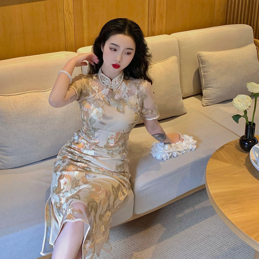 Lujin homemade Golden Branches and Jade Leaves retro style new style old Shanghai girl Republic of China improved version of long cheongsam image 3