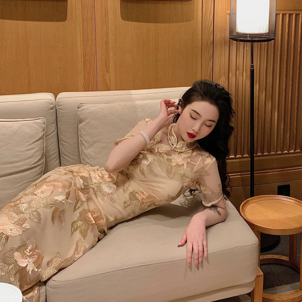 Lujin homemade Golden Branches and Jade Leaves retro style new style old Shanghai girl Republic of China improved version of long cheongsam image 5