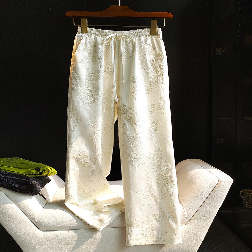 Retro dragon pattern embroidered narrow version wide leg pants for women in winter new Chinese style elastic high waist slimming straight leg casual pants for autumn image 1