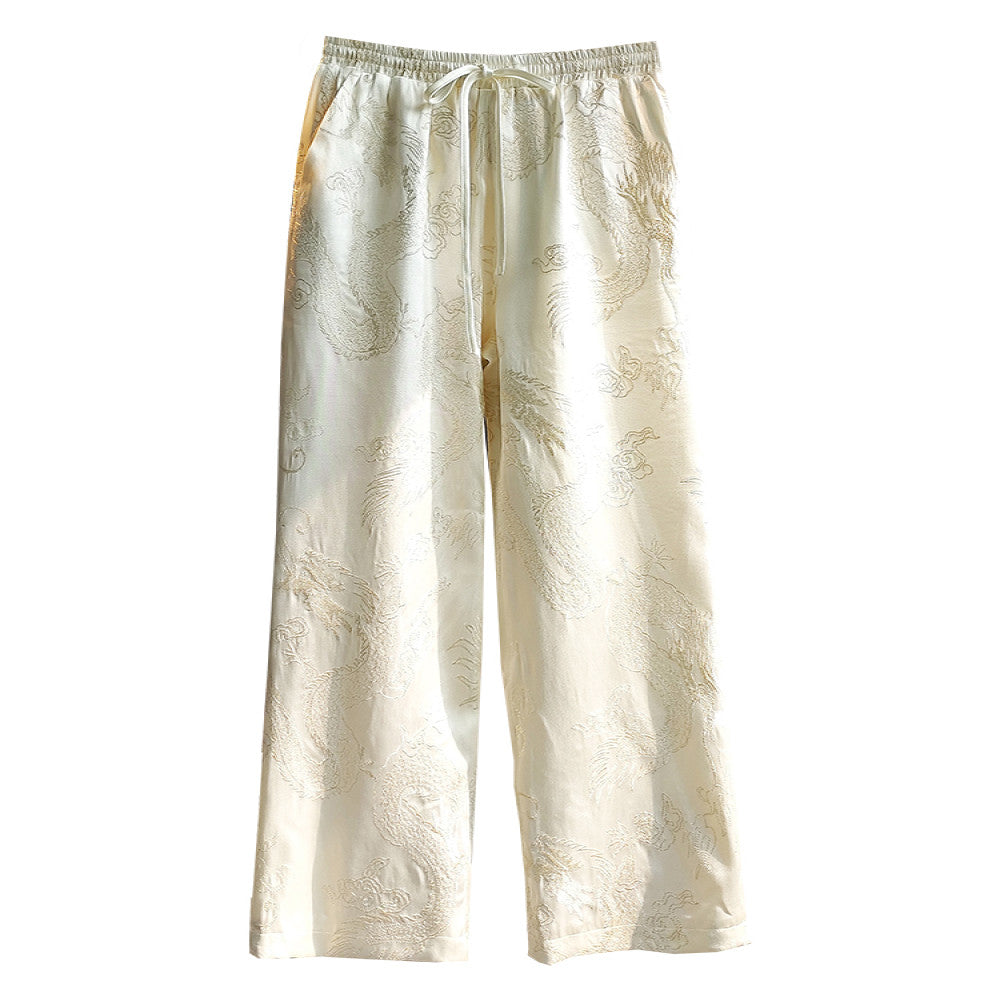 Retro dragon pattern embroidered narrow version wide leg pants for women in winter new Chinese style elastic high waist slimming straight leg casual pants for autumn image 5