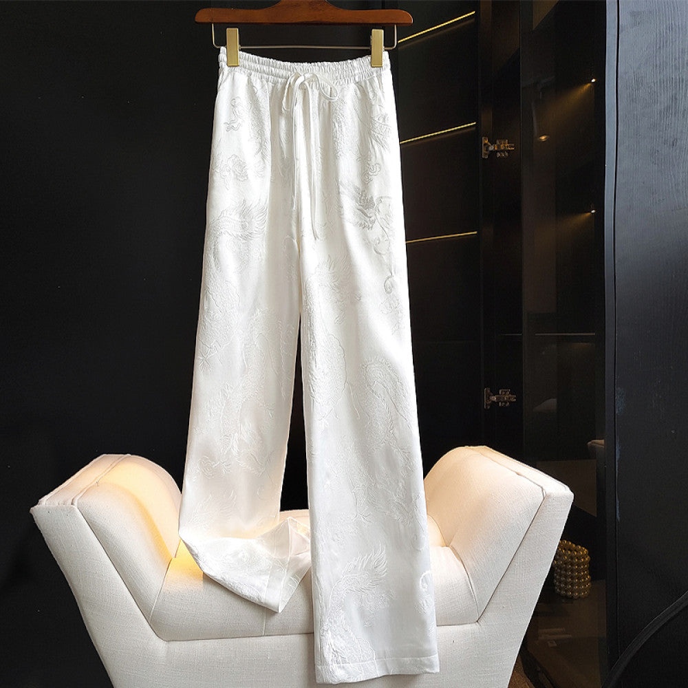 Retro dragon pattern embroidered narrow version wide leg pants for women in winter new Chinese style elastic high waist slimming straight leg casual pants for autumn image 45