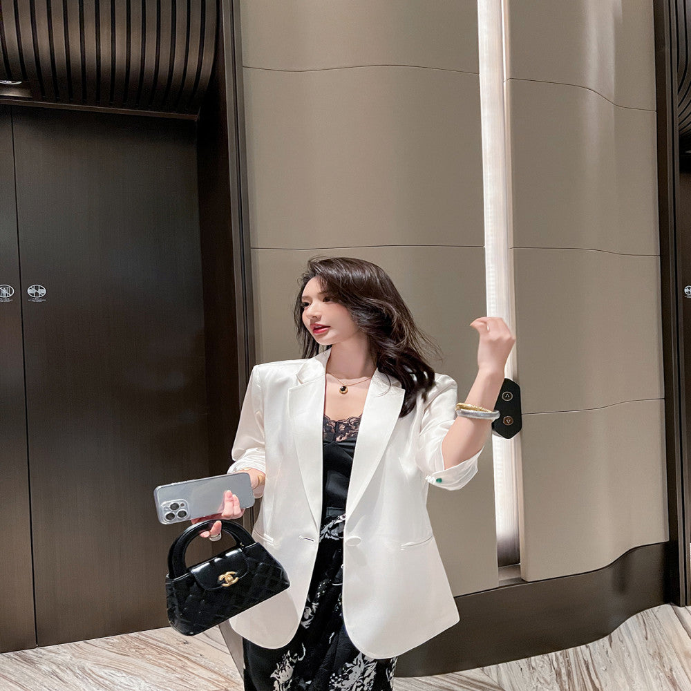 Black acetate satin seven quarter sleeved suit jacket for women thin style 2025 summer new commuting versatile and slimming suit image 3