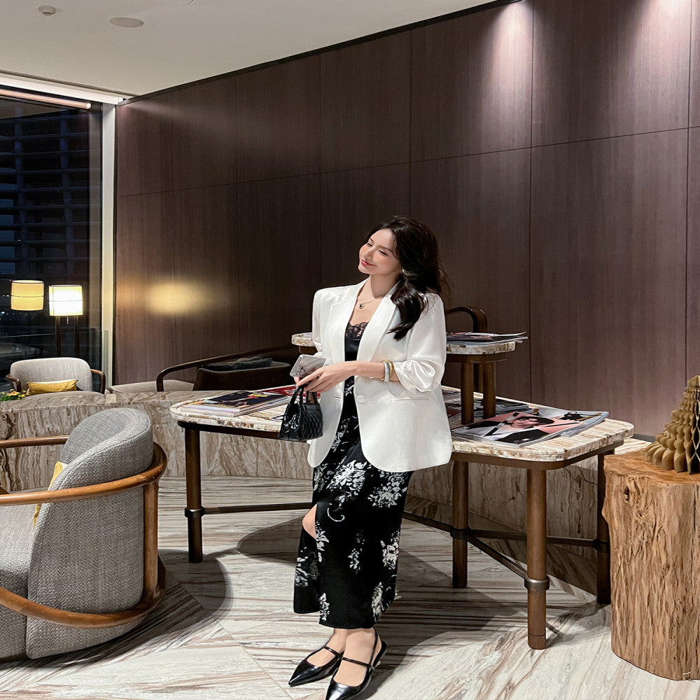 Black acetate satin seven quarter sleeved suit jacket for women thin style 2025 summer new commuting versatile and slimming suit image 5