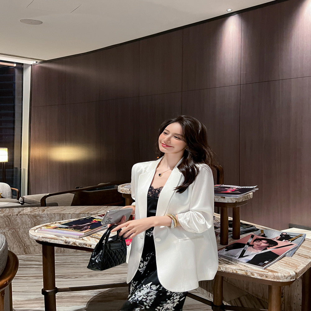 Black acetate satin seven quarter sleeved suit jacket for women thin style 2025 summer new commuting versatile and slimming suit image 0