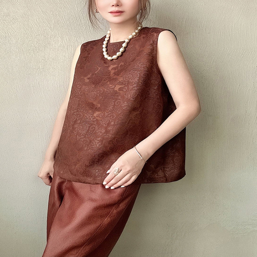 ASAYA3643 Retro cut flower hollow red ramie red cloud yarn sleeveless T-shirt vest top