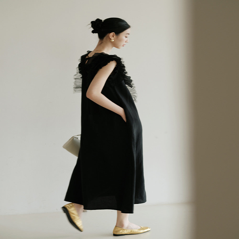 Jiaqi Customized High end Retro Sweet Older Girl Linen Ruffle Loose Fashionable and Comfortable Dress image 1