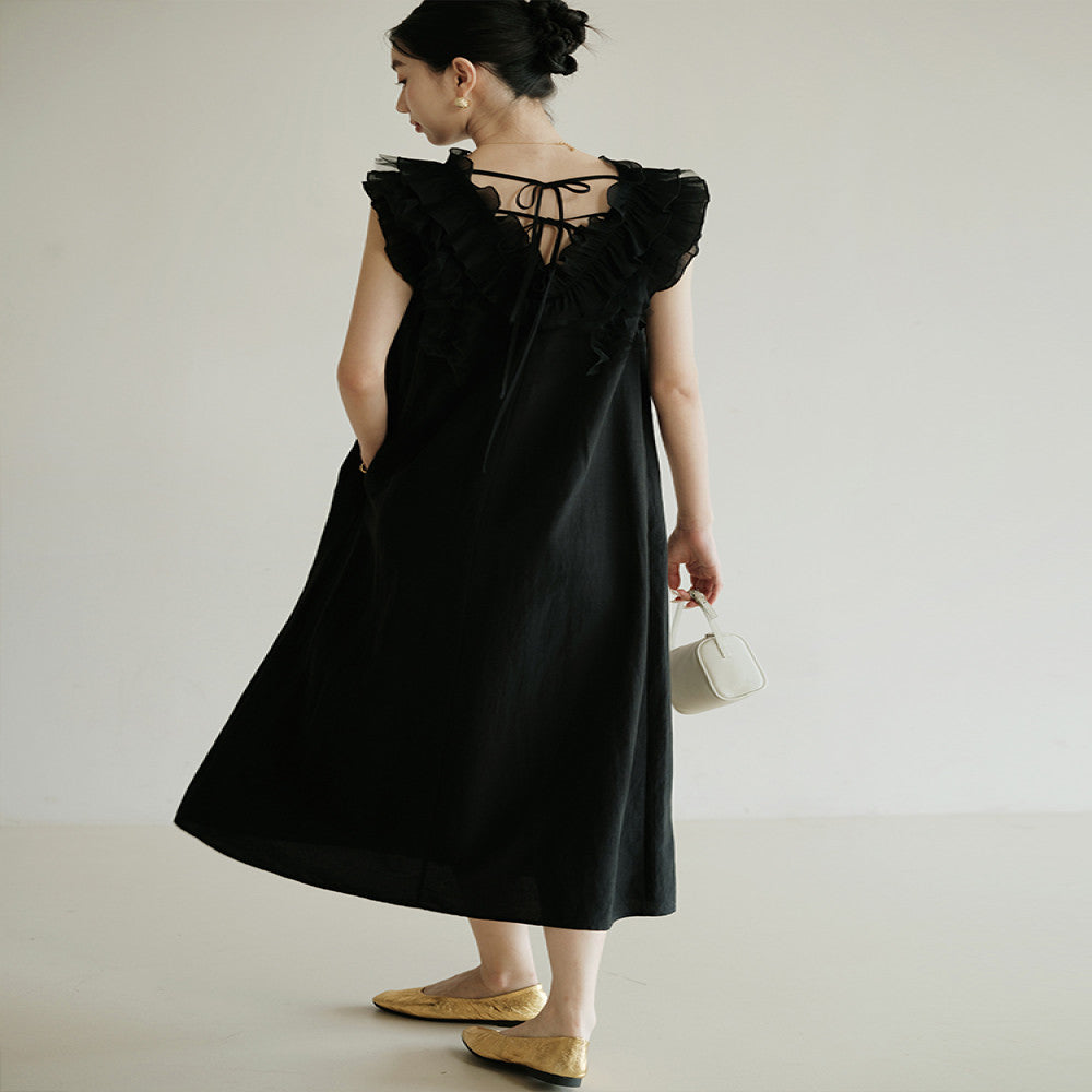 Jiaqi Customized High end Retro Sweet Older Girl Linen Ruffle Loose Fashionable and Comfortable Dress image 2