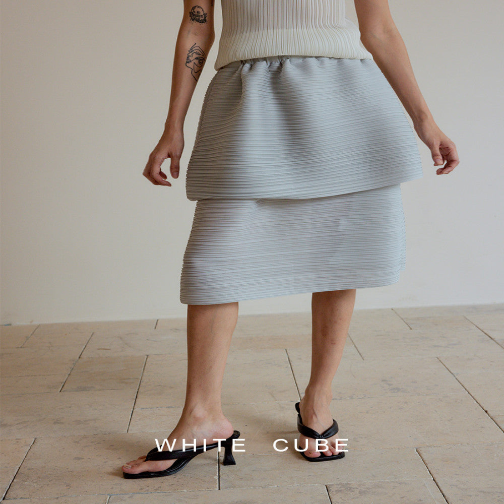 Whitecube fashionable double layer slimming high three house style pleated stand cut irregular flower bud over knee skirt for women image 1