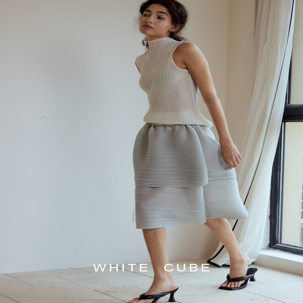 Whitecube fashionable double layer slimming high three house style pleated stand cut irregular flower bud over knee skirt for women image 2