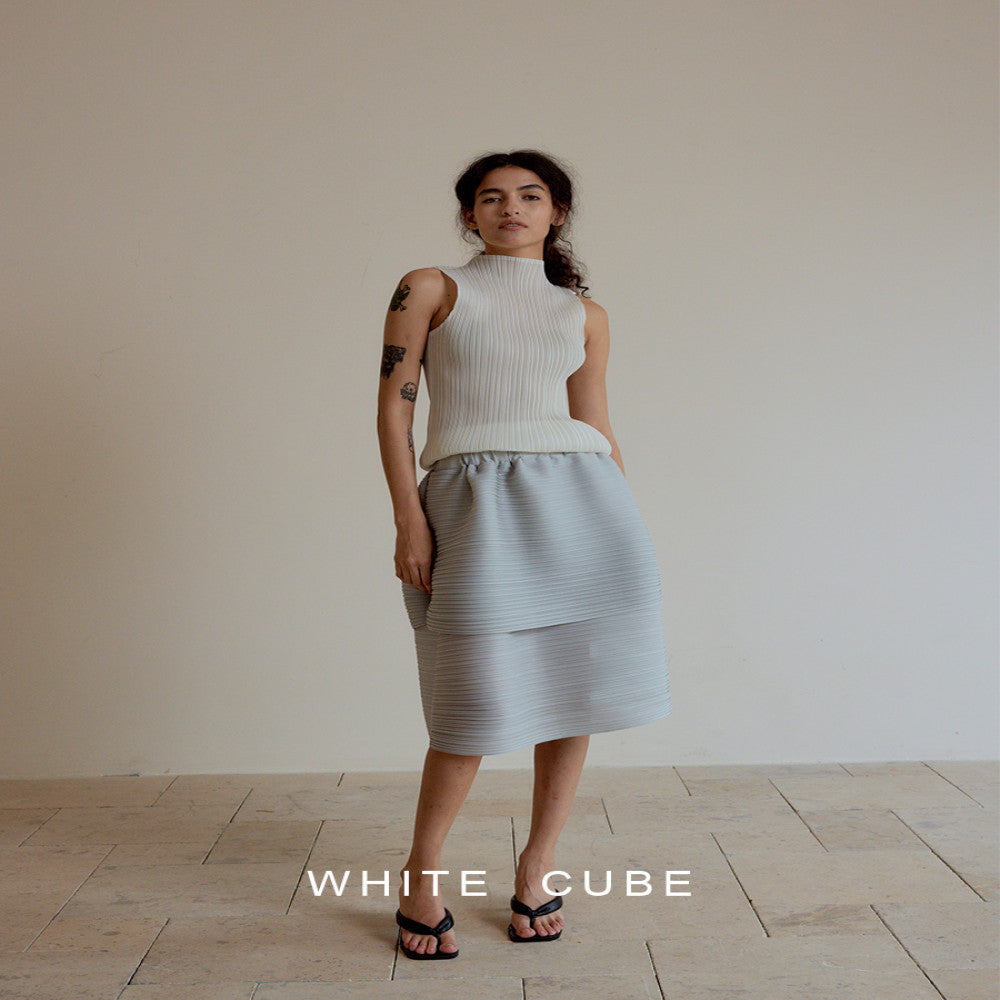 Whitecube fashionable double layer slimming high three house style pleated stand cut irregular flower bud over knee skirt for women image 5