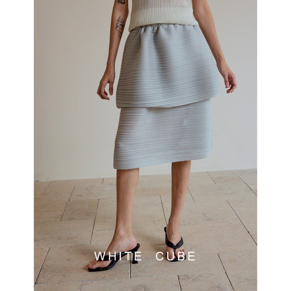 Whitecube fashionable double layer slimming high three house style pleated stand cut irregular flower bud over knee skirt for women image 7