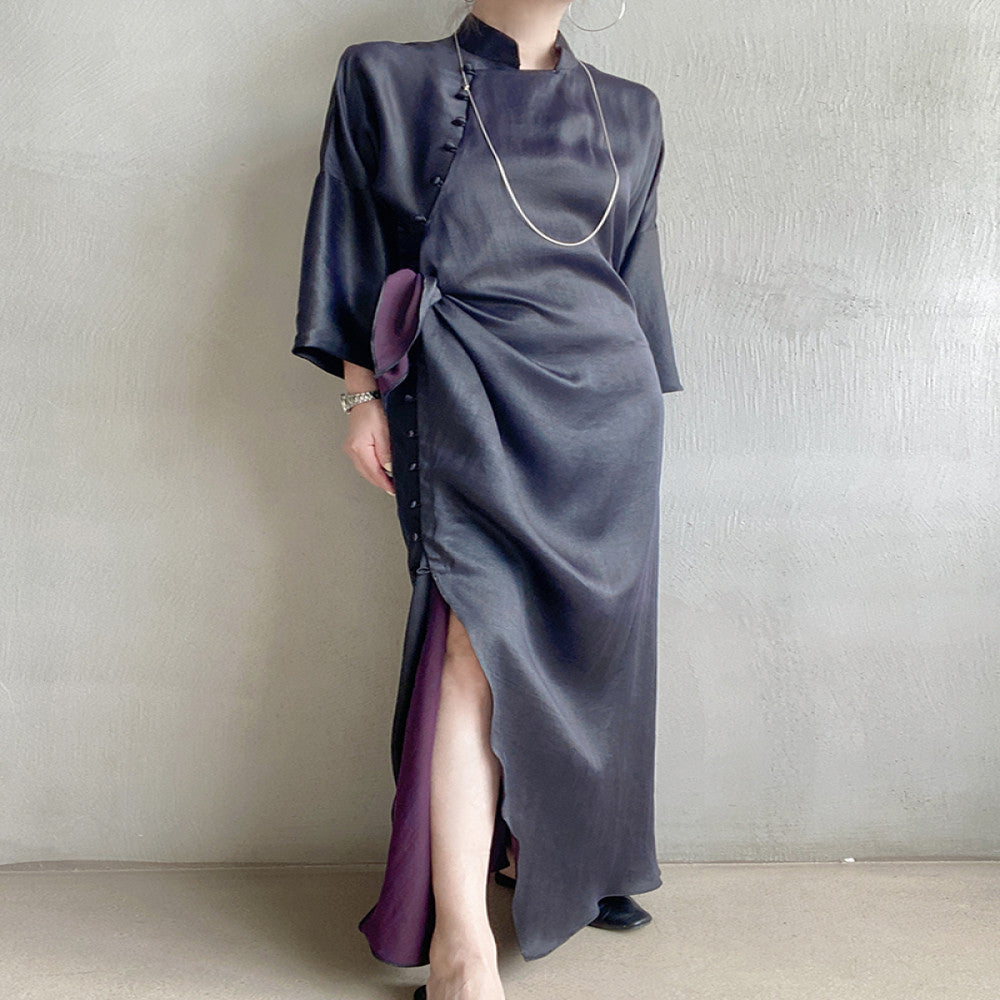Huanyuan exclusive niche exquisite new Chinese style black purple Xiangyun silk short sleeved cheongsam dress dress morning gown image 1