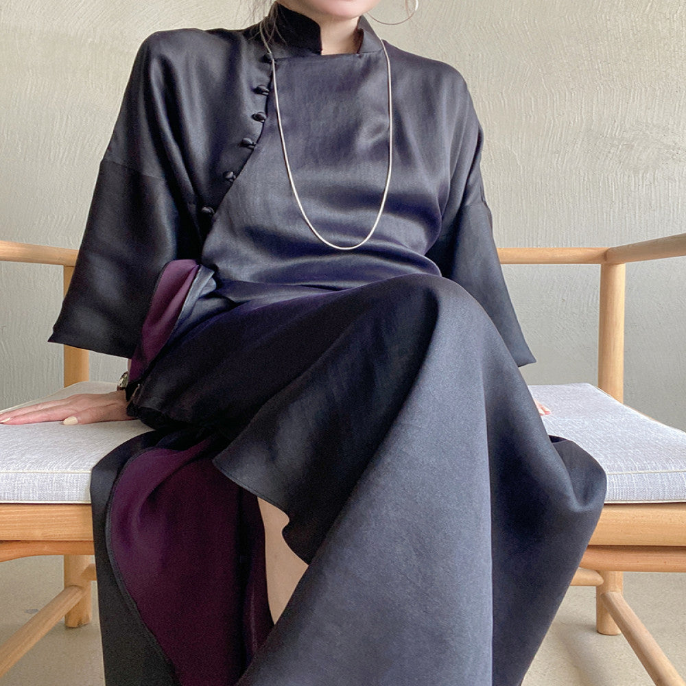 Huanyuan exclusive niche exquisite new Chinese style black purple Xiangyun silk short sleeved cheongsam dress dress morning gown image 2