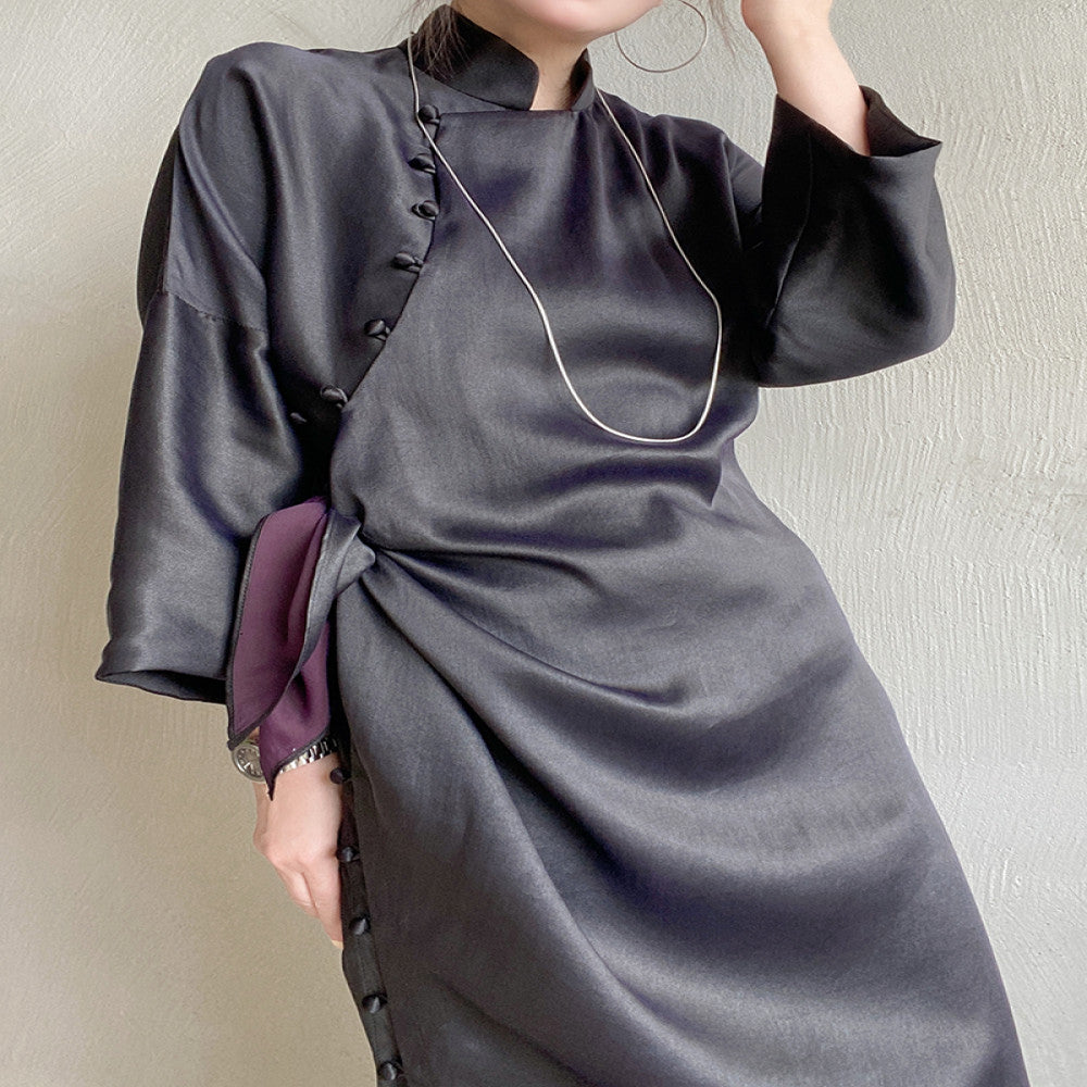 Huanyuan exclusive niche exquisite new Chinese style black purple Xiangyun silk short sleeved cheongsam dress dress morning gown image 4