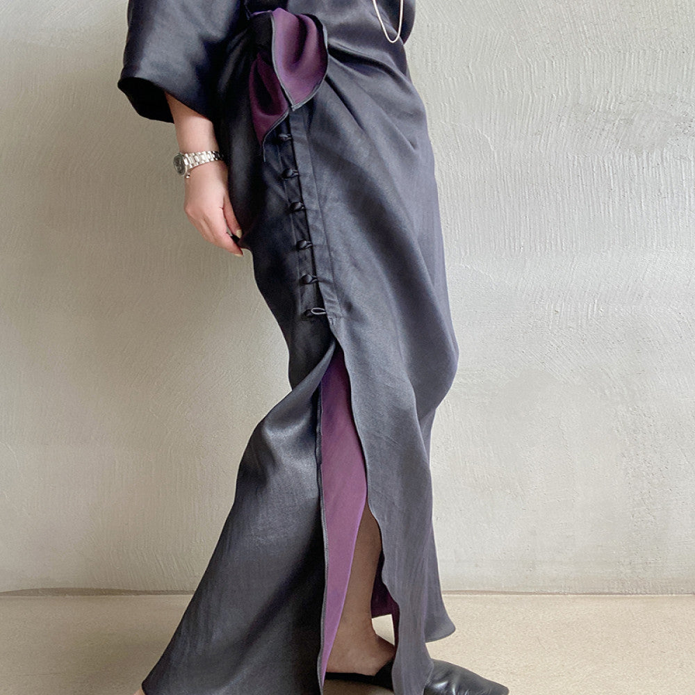 Huanyuan exclusive niche exquisite new Chinese style black purple Xiangyun silk short sleeved cheongsam dress dress morning gown image 11