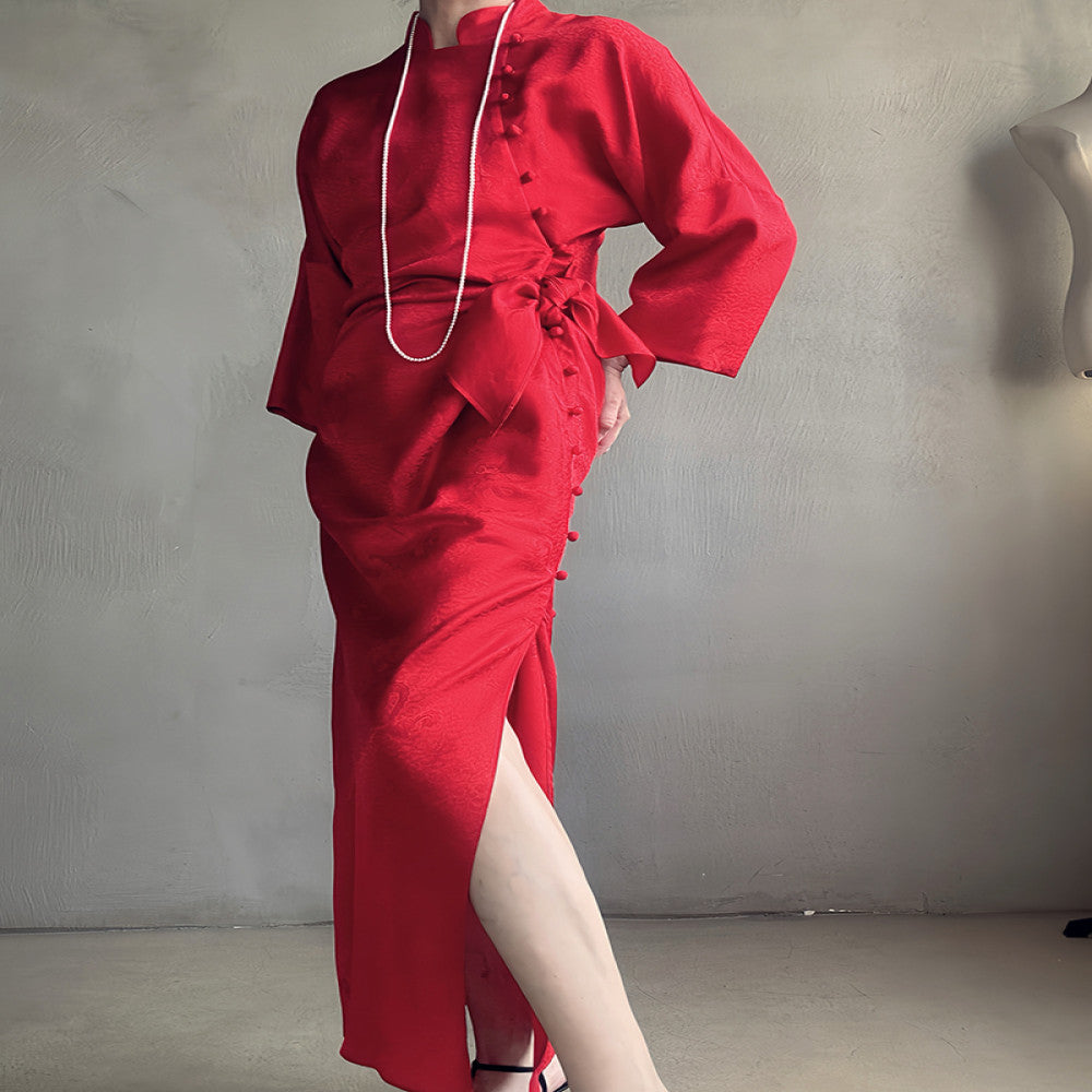 Exclusive 25 niche exquisite new Chinese style red silk flower Luo short sleeved cheongsam dress dress dress morning gown image 2