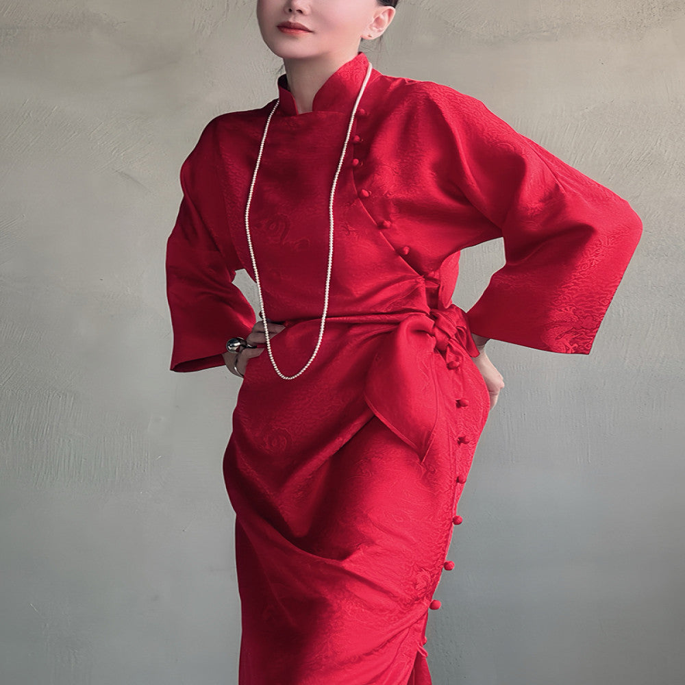 Exclusive 25 niche exquisite new Chinese style red silk flower Luo short sleeved cheongsam dress dress dress morning gown image 3