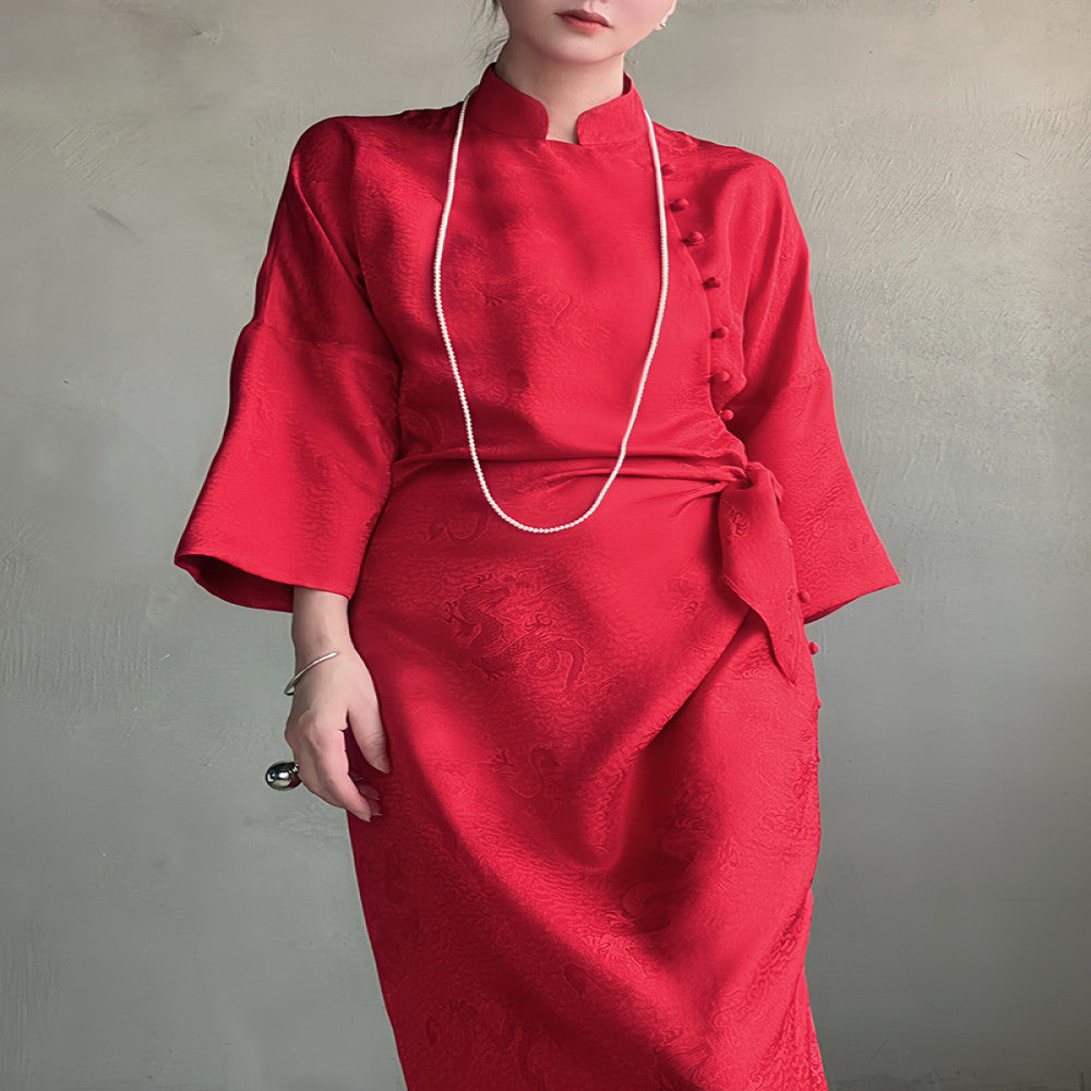 Exclusive 25 niche exquisite new Chinese style red silk flower Luo short sleeved cheongsam dress dress dress morning gown image 4