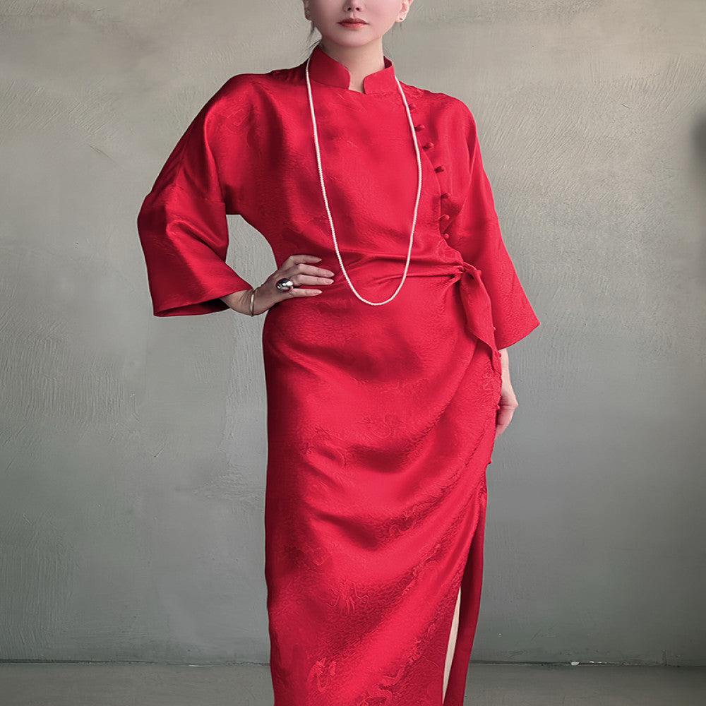 Exclusive 25 niche exquisite new Chinese style red silk flower Luo short sleeved cheongsam dress dress dress morning gown image 5