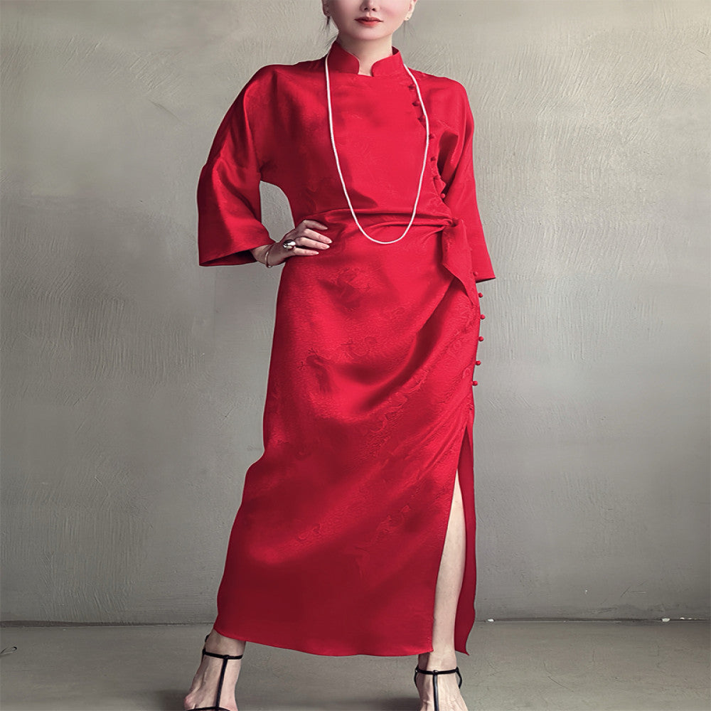 Exclusive 25 niche exquisite new Chinese style red silk flower Luo short sleeved cheongsam dress dress dress morning gown image 11