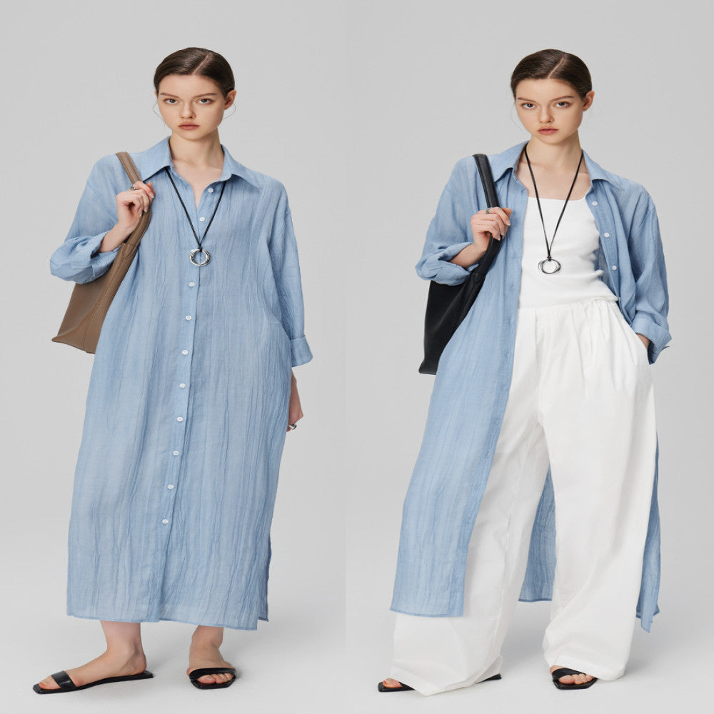 Marryher wheat and wheat lazy casual minimalist pleated ramie long skirt light blue shirt dress women s summer image 1
