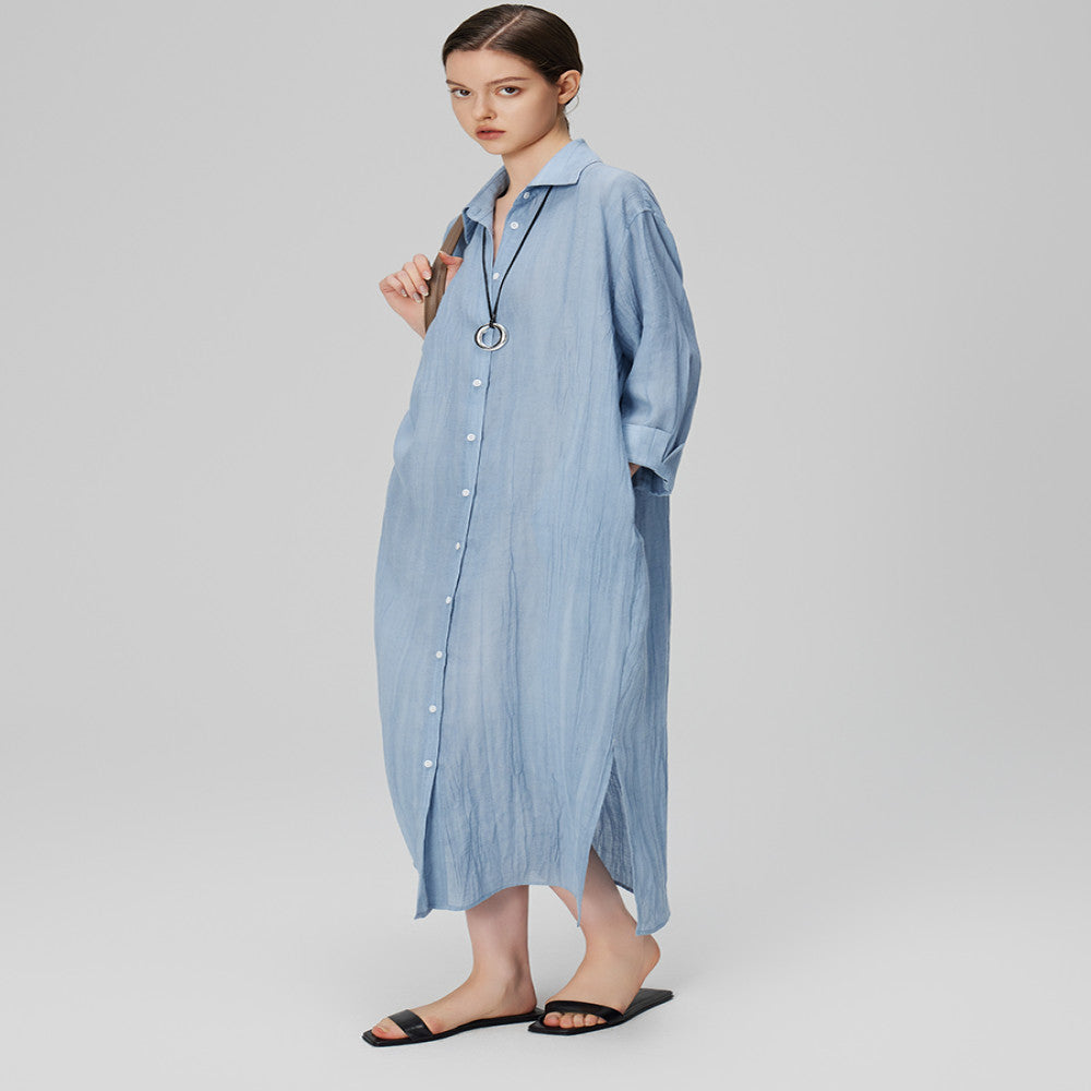 Marryher wheat and wheat lazy casual minimalist pleated ramie long skirt light blue shirt dress women s summer image 2
