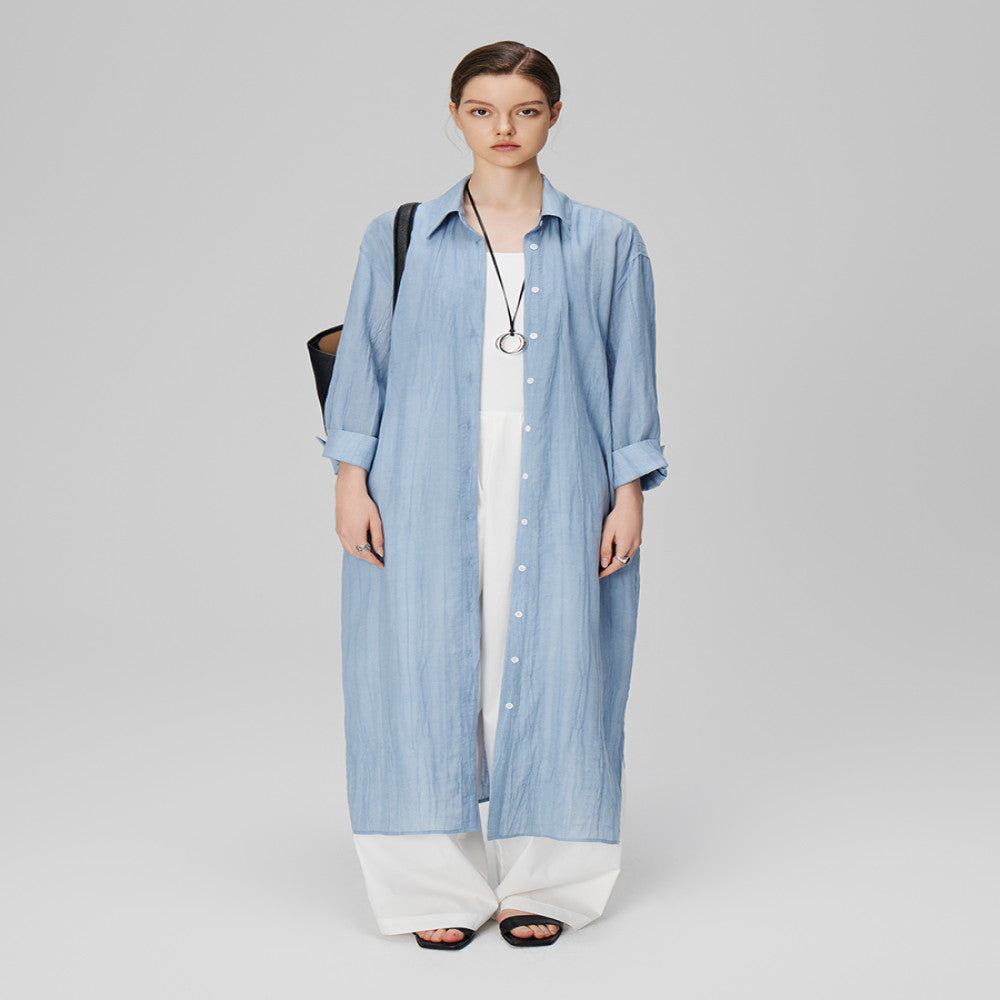 Marryher wheat and wheat lazy casual minimalist pleated ramie long skirt light blue shirt dress women s summer image 3