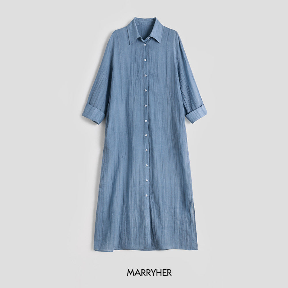 Marryher wheat and wheat lazy casual minimalist pleated ramie long skirt light blue shirt dress women s summer image 6