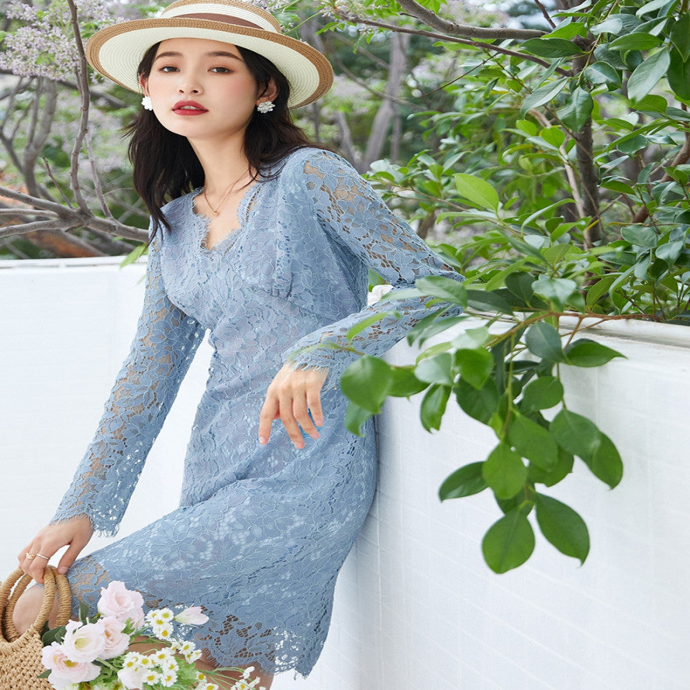 Summer gentle style gray small fragrant style stylish dress 250 socialites niche stunning French lace dress image 4