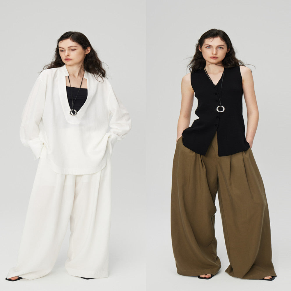 50 off Maihe Koubei Loose pleated Tencel linen suit pants Casual wide leg pants Women s summer thin image 20