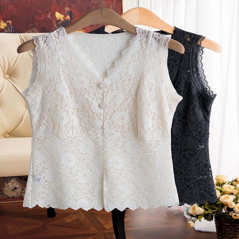 Everything can be worn in all seasons Hollow lace bottom camisole vest for women with V neck perfect for wearing on the outside and on the inside with a beautiful back image 1