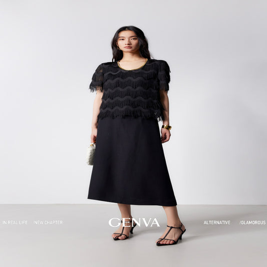 ASAYA3617 Water ripple cut flowers, abundant tassels, eye-catching chain dress T-shirt (3 Colors)