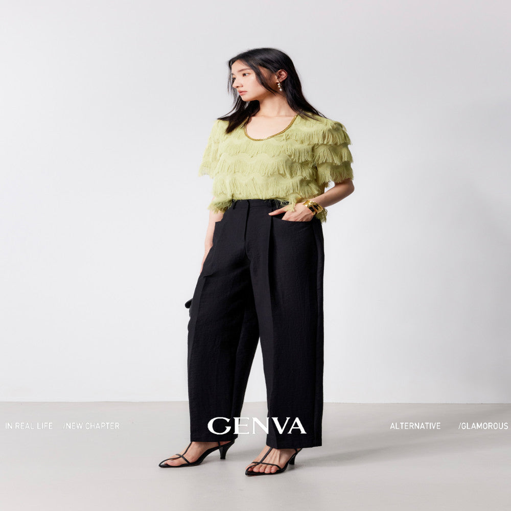 ASAYA3617 Water ripple cut flowers, abundant tassels, eye-catching chain dress T-shirt (3 Colors)