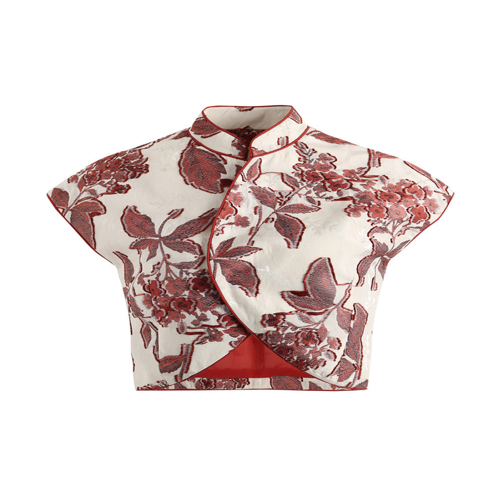 New in June CHARMMY YE New Chinese style stand up collar red jacquard short top image 5