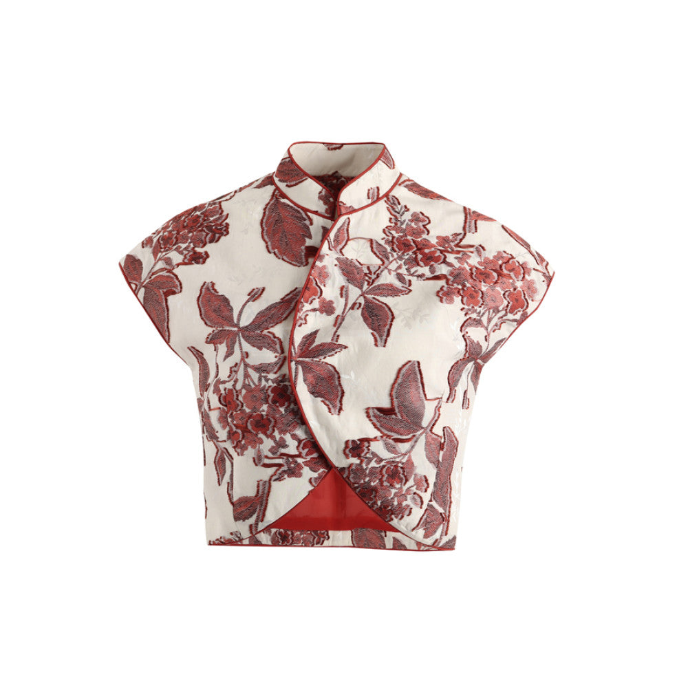 New in June CHARMMY YE New Chinese style stand up collar red jacquard short top image 7