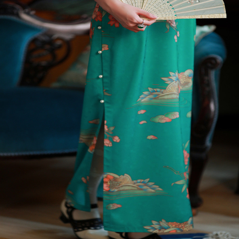 Mandarin Dream Lotus Boat One City Wind Plush Summer Blue Green Mandarin Duck Printed Chinese style Pan Button Full Open Cheongsam Skirt for Women image 5