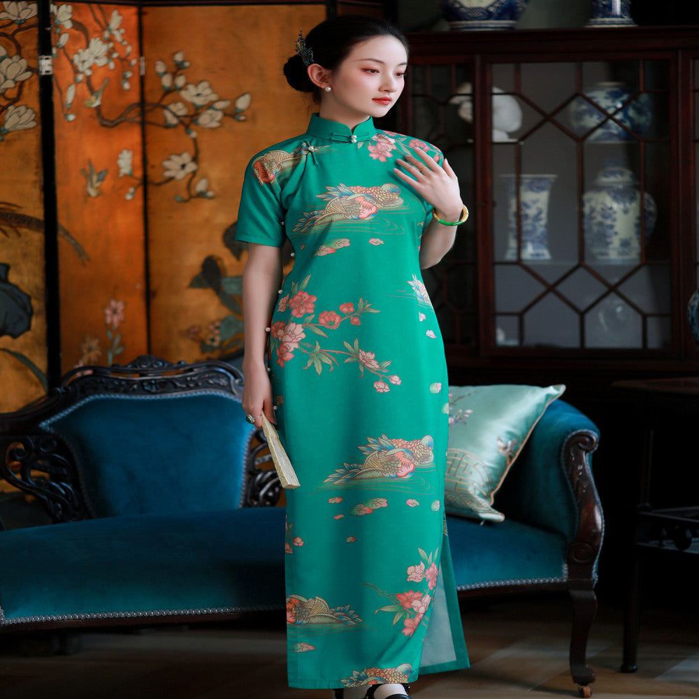 Mandarin Dream Lotus Boat One City Wind Plush Summer Blue Green Mandarin Duck Printed Chinese style Pan Button Full Open Cheongsam Skirt for Women image 0
