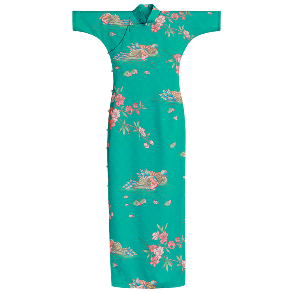 Mandarin Dream Lotus Boat One City Wind Plush Summer Blue Green Mandarin Duck Printed Chinese style Pan Button Full Open Cheongsam Skirt for Women image 6