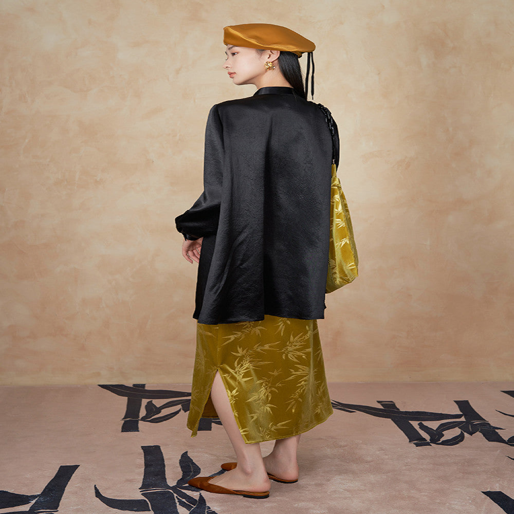 Tang style midi skirt for women made of glass gold velvet with a new Chinese style bamboo leaf pattern design exuding a luxurious and luxurious atmosphere with an ancient charm and a long skirt for sp image 4