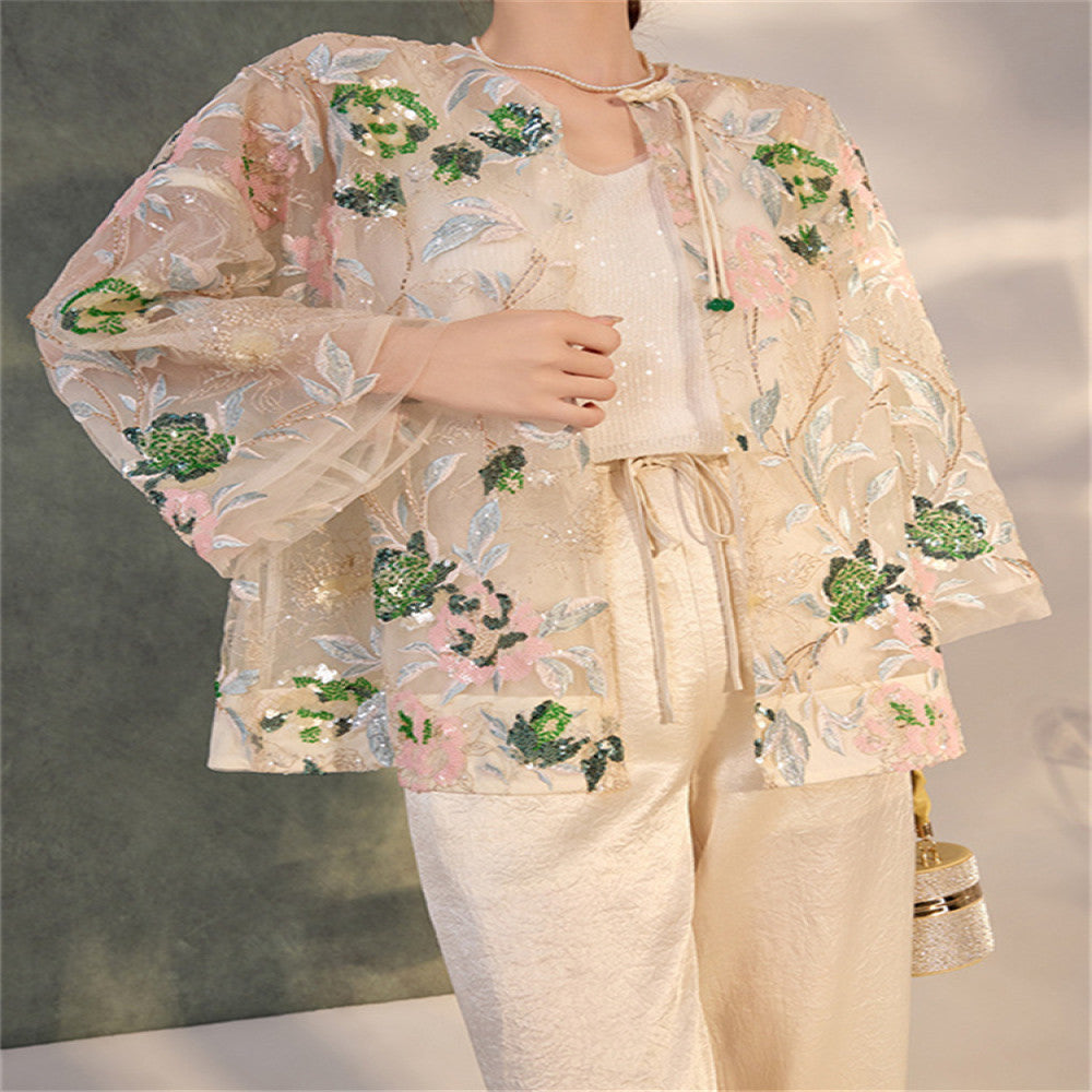 Tang suit Chinese style women s clothing 2025 new spring and summer daily wear retro heavy sequin embroidered top new Chinese style image 1