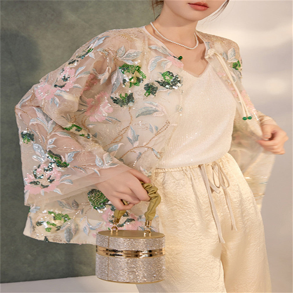 Tang suit Chinese style women s clothing 2025 new spring and summer daily wear retro heavy sequin embroidered top new Chinese style image 3