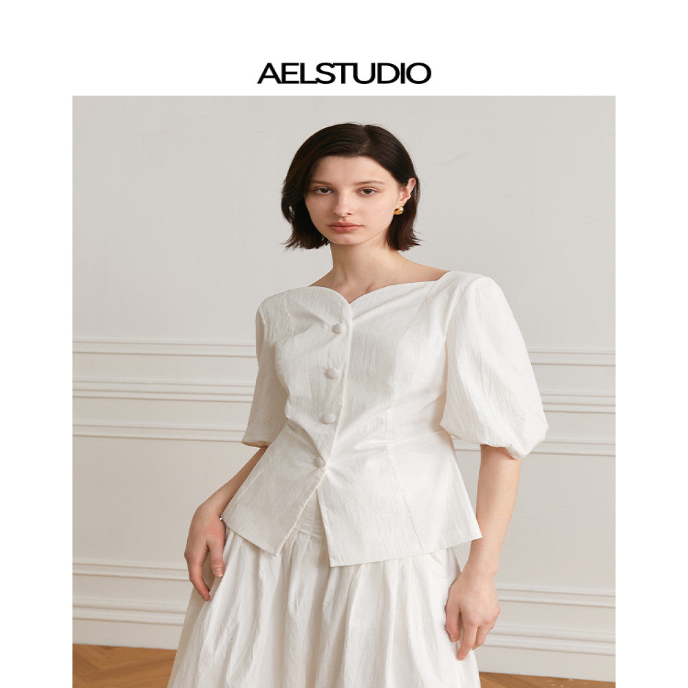 AEL original French retro casual bubble sleeve shirt 2025 autumn new white temperament chic shirt for women image 1