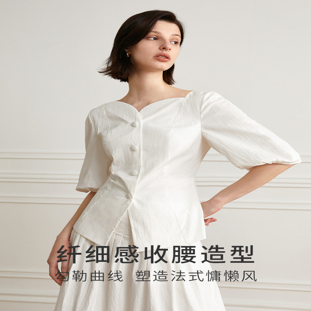 AEL original French retro casual bubble sleeve shirt 2025 autumn new white temperament chic shirt for women image 2