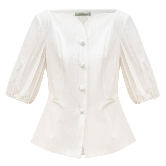 ASAYA3594 French retro casual puff sleeve shirt (Black / White)